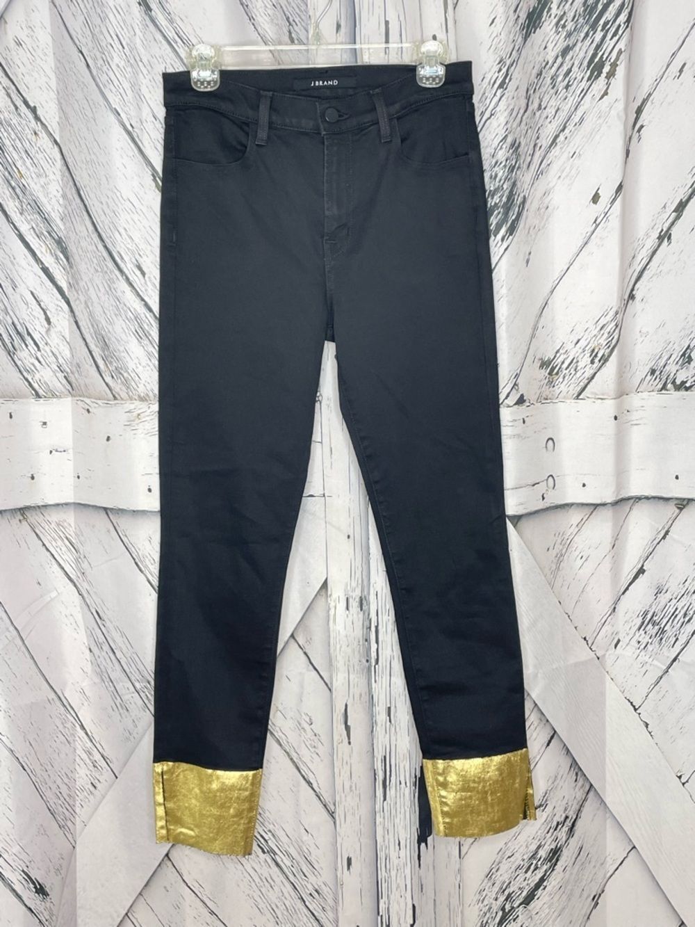 J Brand Alana High Rise Skinny Jeans Black w/Gold Foil Cuffs 28